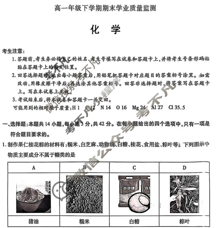 [天一大联考]濮阳市2024-2025学年高一年级下学期期末教学质量监测化学试题
