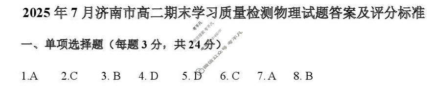 2025年7月济南市高二期末学习质量检测物理答案