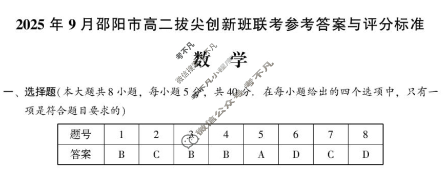 2025年9月邵阳市高二拔尖创新班联考数学答案