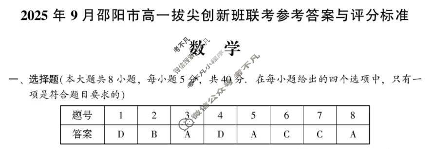 2025年9月邵阳市高一拔尖创新班联考数学答案