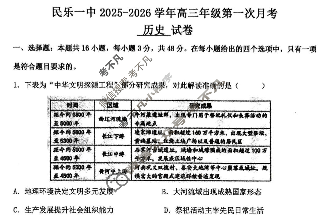 民乐一中2025-2026学年高三年级第一次月考历史试题