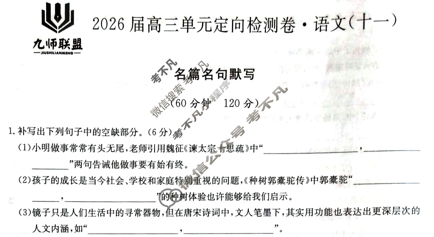[九师联盟]2026届全国高三单元定向检测卷 语文(十一)11试题