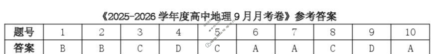 荆州中学2025级高一上学期9月月考地理答案