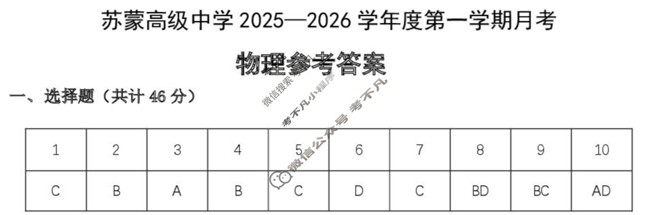 包头市苏蒙高级中学2025-2026学年度第一学期高三第一次学情检测物理答案