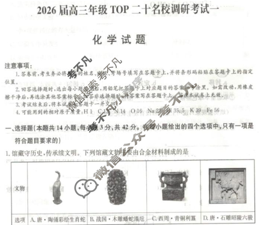 2026届高三年级TOP二十名校调研考试(一)(26-X-025C)化学试题