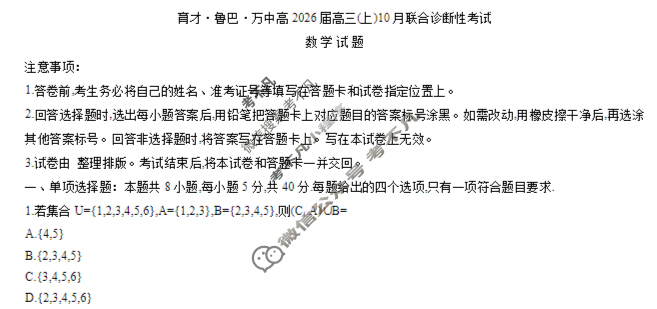 育才·鲁巴·万中高2026届高三(上)10月联合诊断性考试数学试题