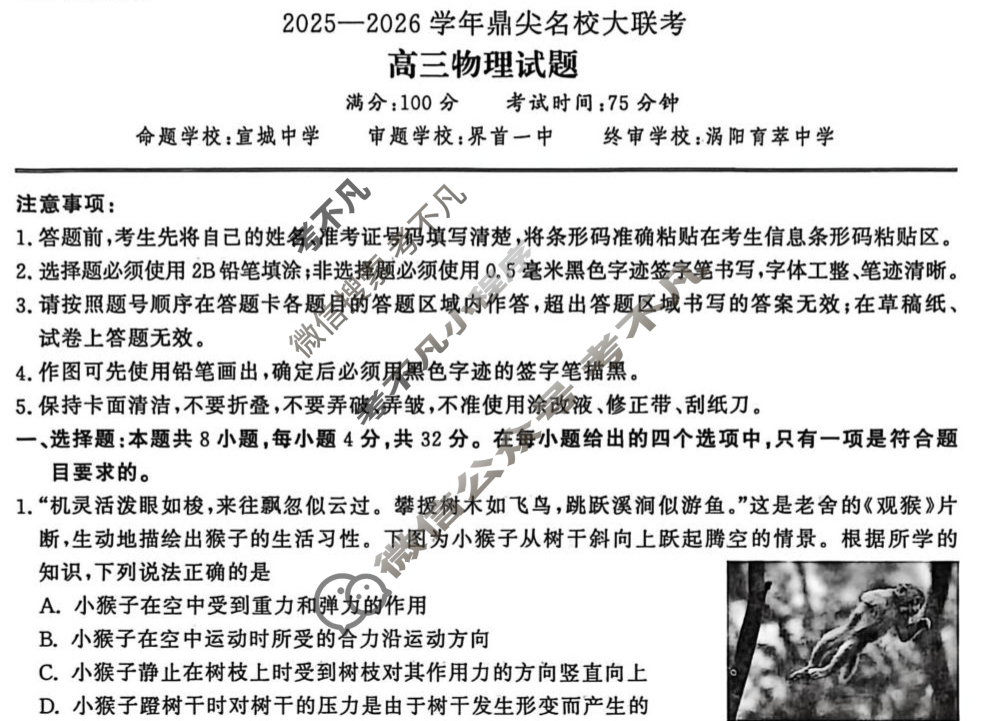 鼎尖名校2025-2026学年高三大联考(10月)物理试题