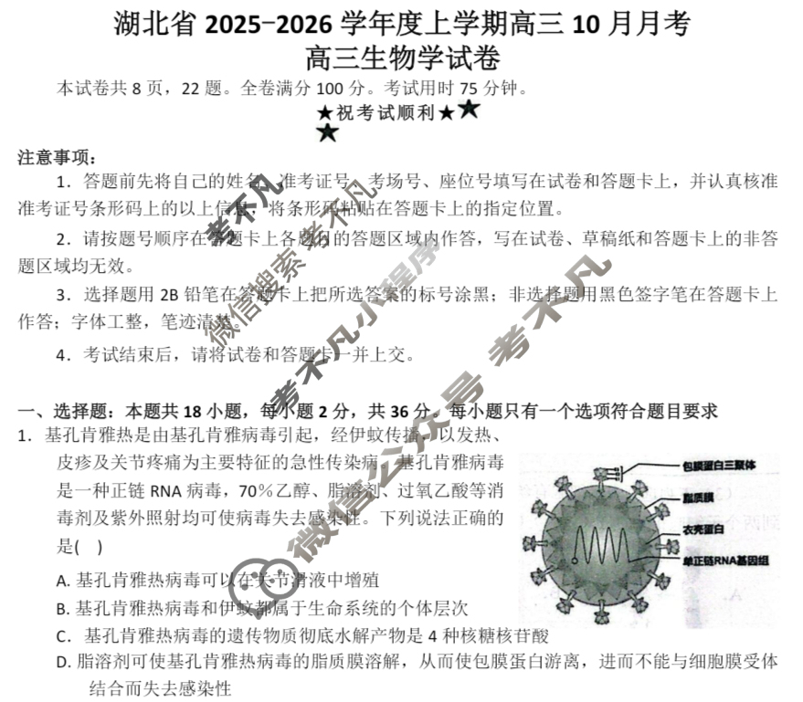 楚天协作体2025-2026学年上学期高三10月月考生物试题
