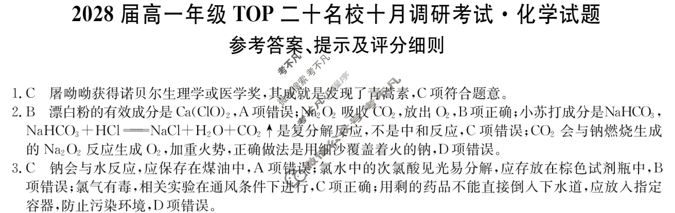 [非凡吉创]2028届高一年级TOP二十名校十月调研考试(26-X-037A)化学-1答案