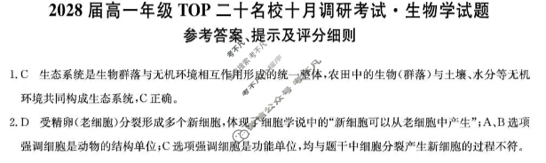 [非凡吉创]2028届高一年级TOP二十名校十月调研考试(26-X-037A)生物答案