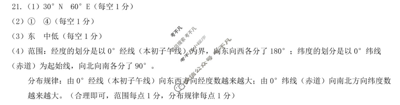 河北省2025-2026学年七年级第一学期第一次学业质量检测(10月)地理(人教版)答案
