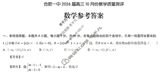 合肥一中2026届高三10月份教学质量测评数学答案 合肥一中2026届高三10月份教学质量测评数学答案
