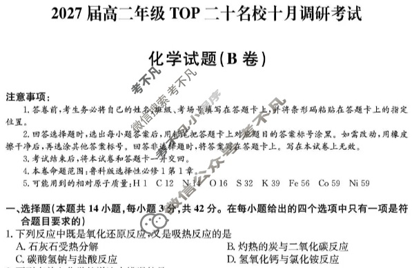 [非凡吉创]2027届高二年级TOP二十名校十月调研考试(26-X-036B)化学B卷试题