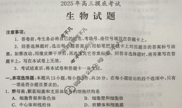 河北省2025年高三摸底考试(10月)生物试题