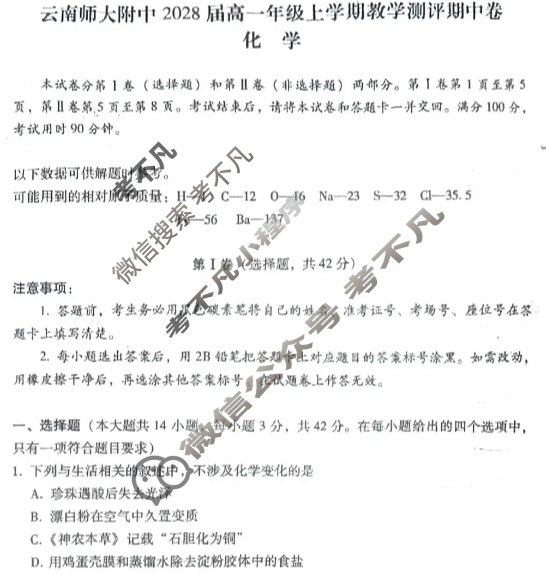 云南师大附中2028届高一年级上学期教学测评期中卷化学试题