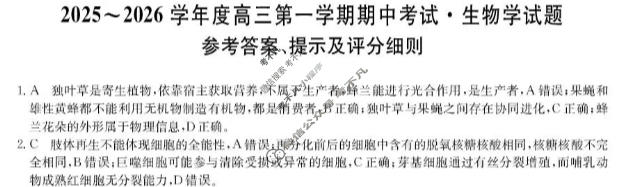 广东省2025-2026学年高三上学期期中考试(26-X-081C)生物答案