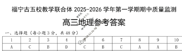 金太阳福宁古五校教学联合体2025-2026学年第一学期高三期中质量监测地理答案