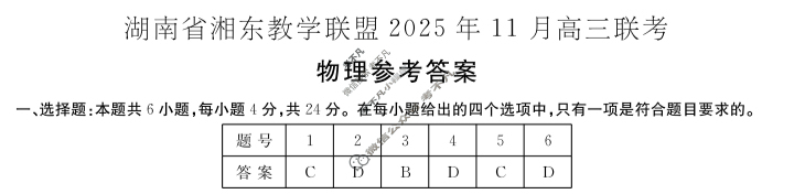 湖南省湘东教学联盟2025年11月高三联考(期中)物理答案