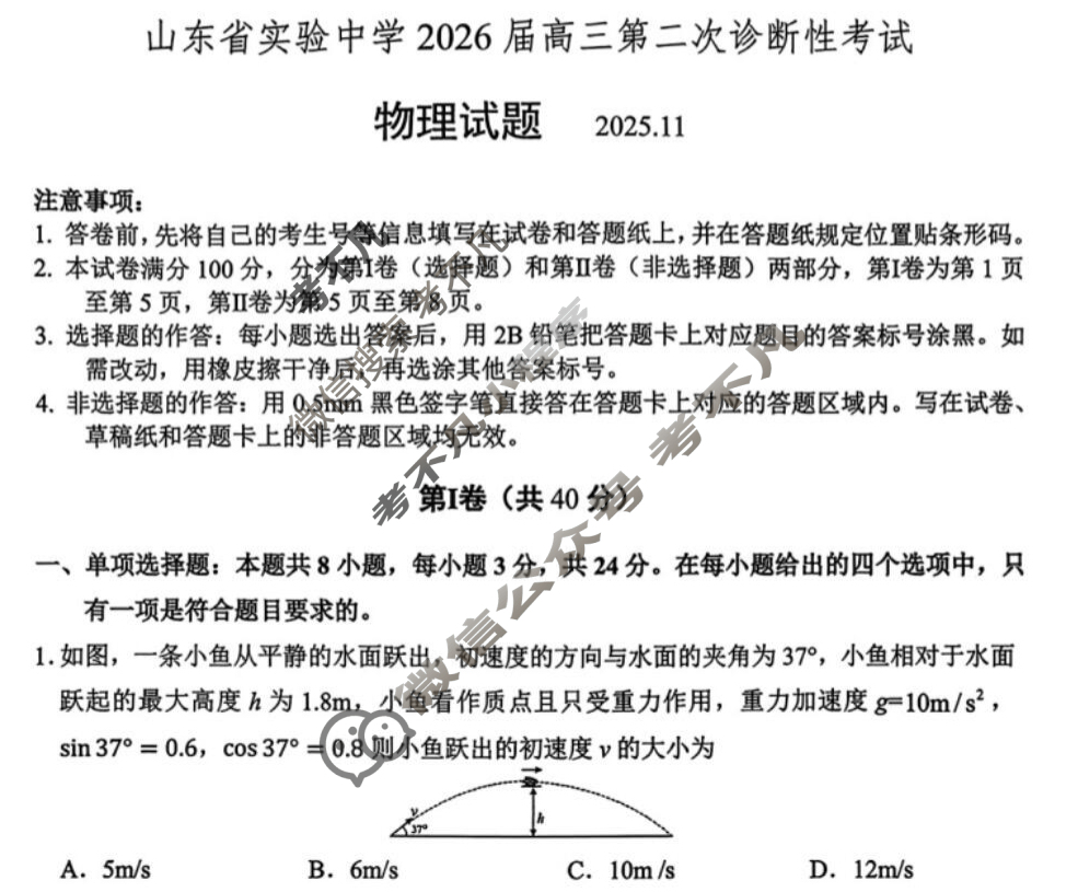 山东省实验中学2026届高三第二次诊断性考试(11月)物理试题