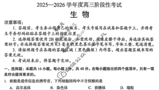 三门峡市2025-2026学年高三阶段性考试(11.6)生物试题
