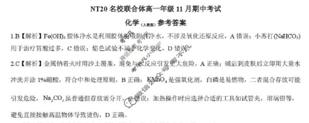 [新时代NT教育]20名校联合体高一年级11月期中考试化学(人教版)答案