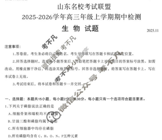 [山东名校联盟]2025-2026学年高三年级上学期期中检测(11月)生物试题