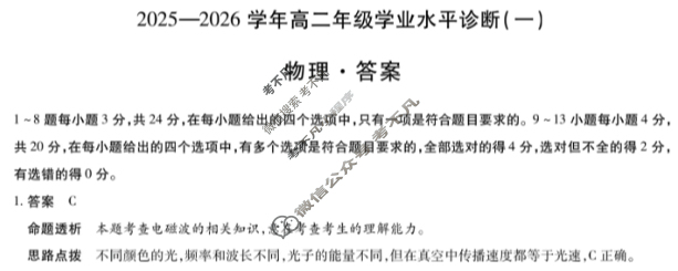 [天一大联考]海南省2025-2026学年高二年级学业水平诊断(一)1物理答案