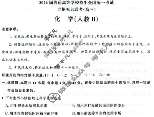 [青桐鸣]2026届普通高等学校招生全国统一考试高三11月联考化学(人教B版)试题