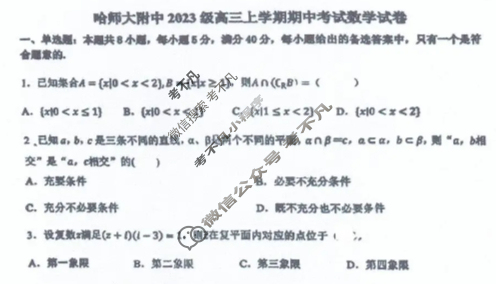 哈师大附中2023级高三上期中考试数学试题