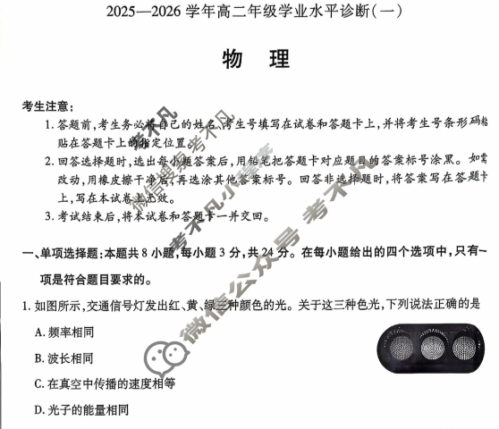 [天一大联考]海南省2025-2026学年高二年级学业水平诊断(一)1物理试题