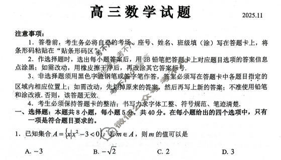 聊城市2025-2026学年高三第一学期期中教学质量检测(2025.11)数学试题