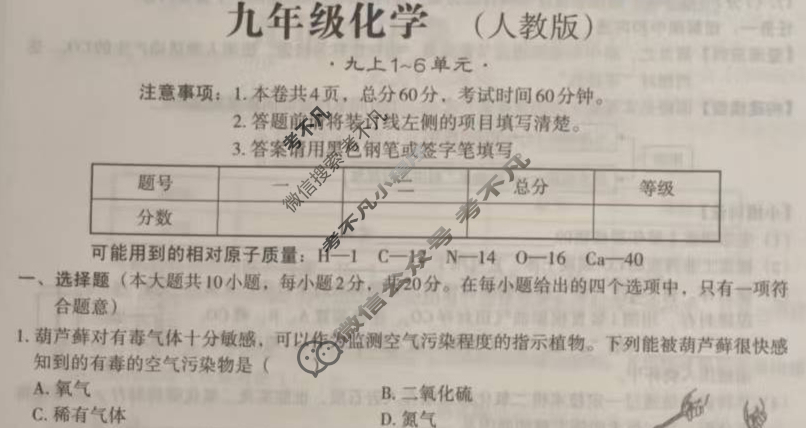[文博志鸿]九年级2025-2026学年第一学期中段调研检测卷化学(人教版)试题
