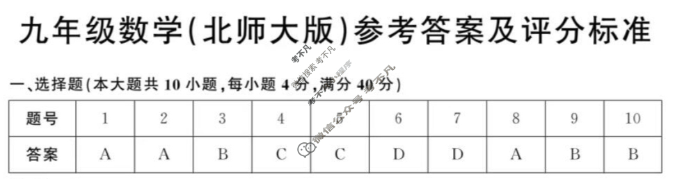 安徽省2025-2026学年九年级上学期教学质量调研(11月)(试题卷)数学(北师大版)答案
