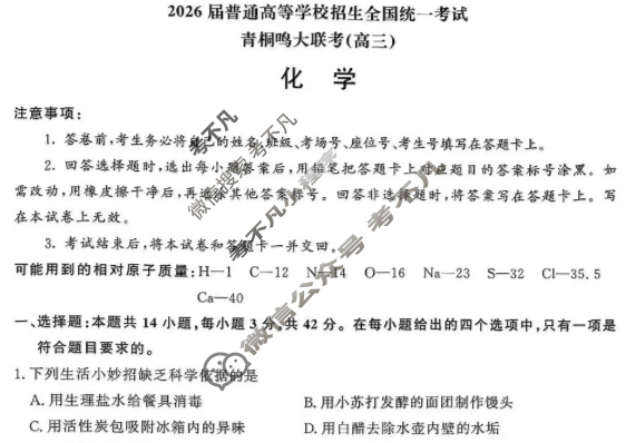 [青桐鸣]2026届普通高等学校招生全国统一考试高三11月联考化学试题
