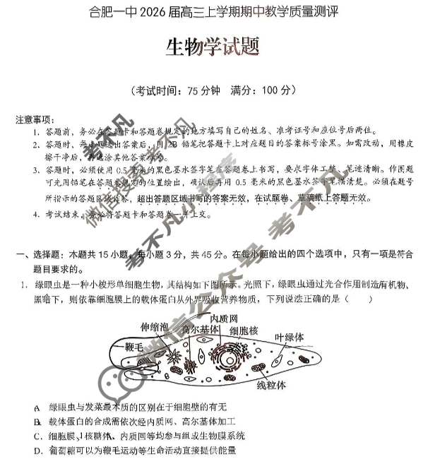 合肥一中2026届高三上学期期中教学质量测评生物试题