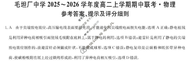 安徽毛坦厂中学2025-2026学年度高二上学期期中联考(26-T-169B)物理答案