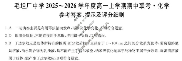 安徽毛坦厂中学2025-2026学年度高一上学期期中联考(26-T-169A)化学答案