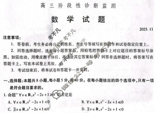 潍坊市2025-2026学年高三阶段性诊断监测(2025.11)(潍坊一诊)数学试题