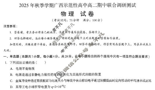 2025年秋季学期广西示范性高中高二期中联合调研测试(11月)物理试题