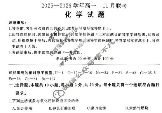 [百师联盟]2025-2026学年度高一11月联考化学试题
