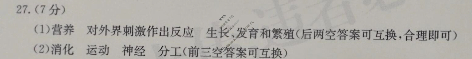 河北省2025~2026学年度七年级上学期期中综合评估[2L  R-HEB]生物答案