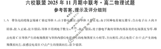 六校联盟2025年11月期中联考·高二试题(11月)物理答案