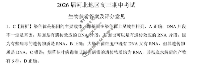 [百师联盟]2025-2026学年河北地区高三期中考试生物答案