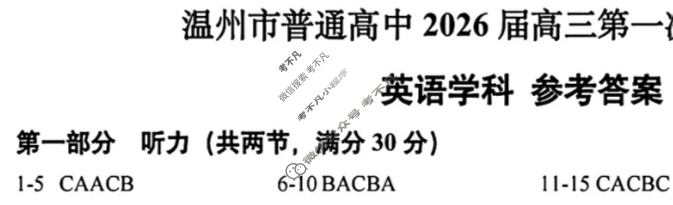 温州市普通高中2026届高三第一次适应性考试(2025.11)英语答案