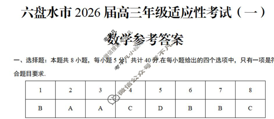 贵州省六盘水市2026届适应性考试高三年级(一)数学答案