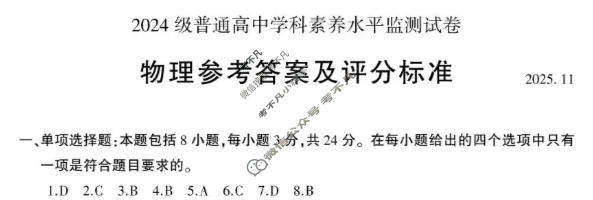 临沂市2024级普通高中学科素养水平监测试卷(11月)物理答案