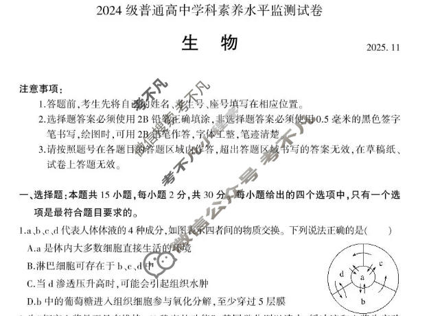 临沂市2024级普通高中学科素养水平监测试卷(11月)生物试题