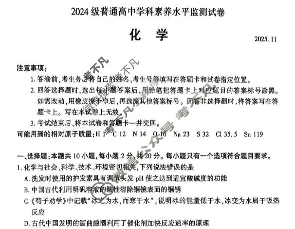 临沂市2024级普通高中学科素养水平监测试卷(11月)化学试题