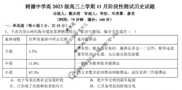 树德中学2023级高三上学期11月阶段性测试历史试题