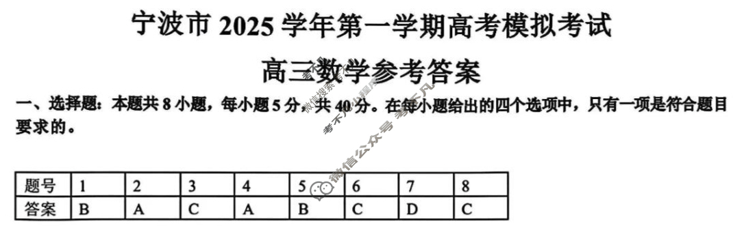 宁波市2025学年第一学期高考模拟(宁波一模)数学答案